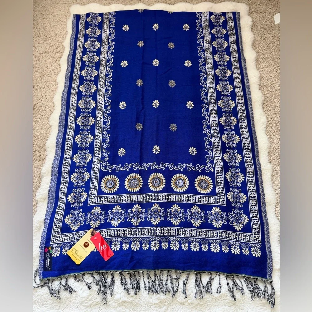 Reversible Mamta Sapphire Blue and Ivory Floral Shawl Scarf with Rhinestones .